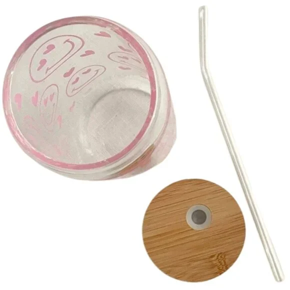 Pink Smiley Face Glass Tumbler 16 oz with Hearts Bamboo Lid and Glass Straw - Picture 7 of 10